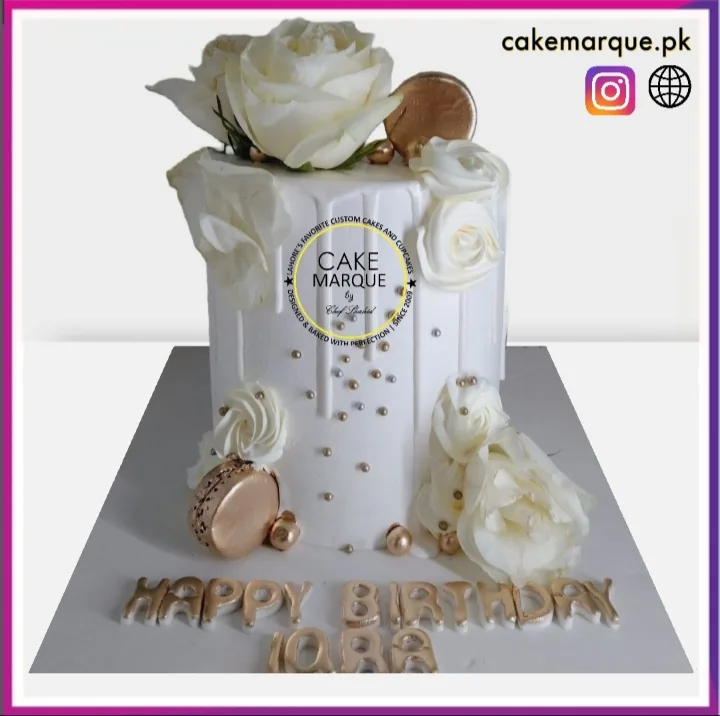Elegant White and Gold Floral Birthday Cake