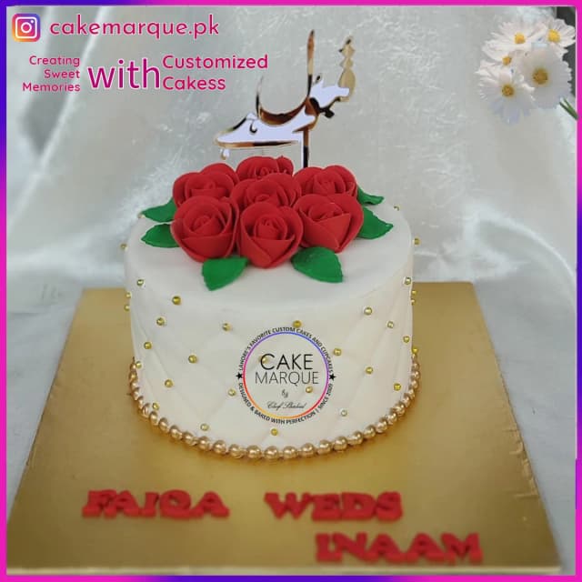 Elegant Rose & Calligraphy Wedding Cake