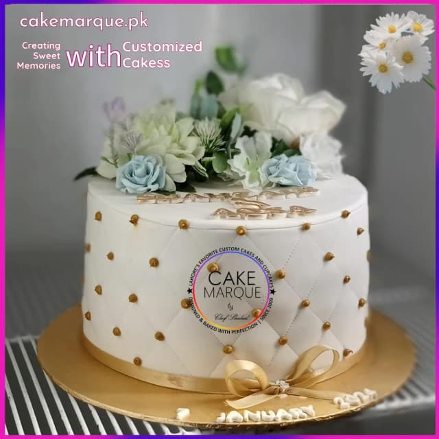 Elegant Quilted Happy Birthday Cake with Floral Topper