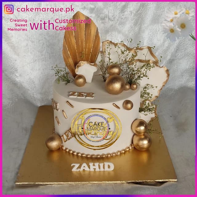 Opulent Gold & White Personalized Celebration Cake