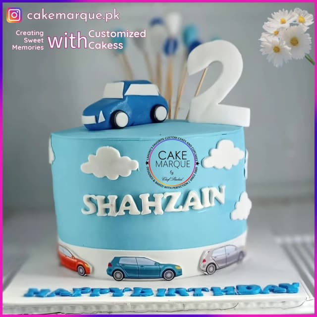 Little Driver's Blue Car & Cloud 2nd Birthday Cake