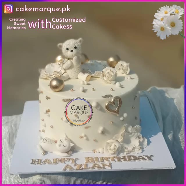 Golden Teddy Bear & Sleeping Cat Birthday Cake