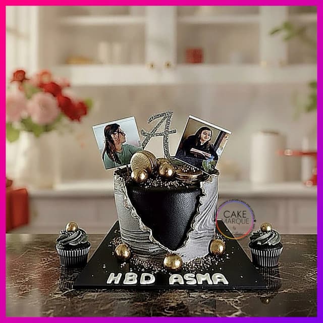 Personalized Black & Gold Marble Birthday Cake with Photo Toppers