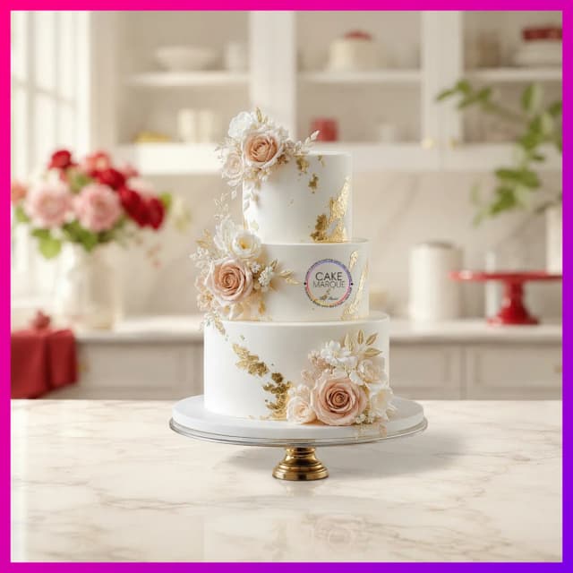 Elegant Blush Floral & Gold Tiered Celebration Cake