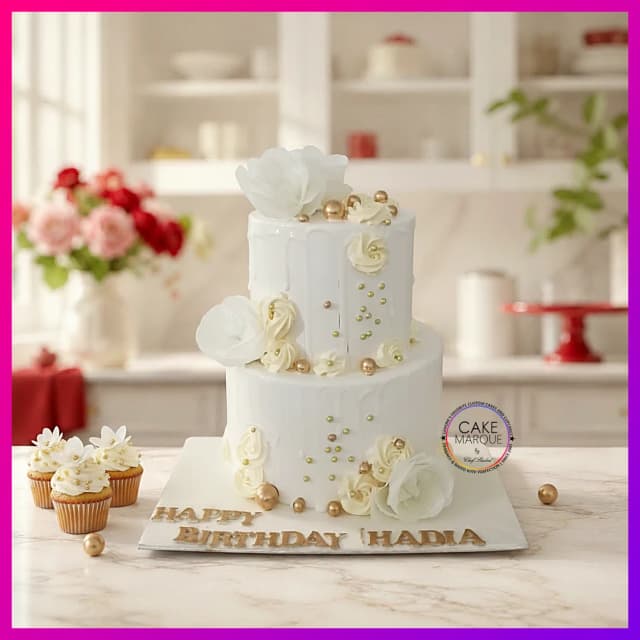 White & Gold Floral Elegance Birthday Cake