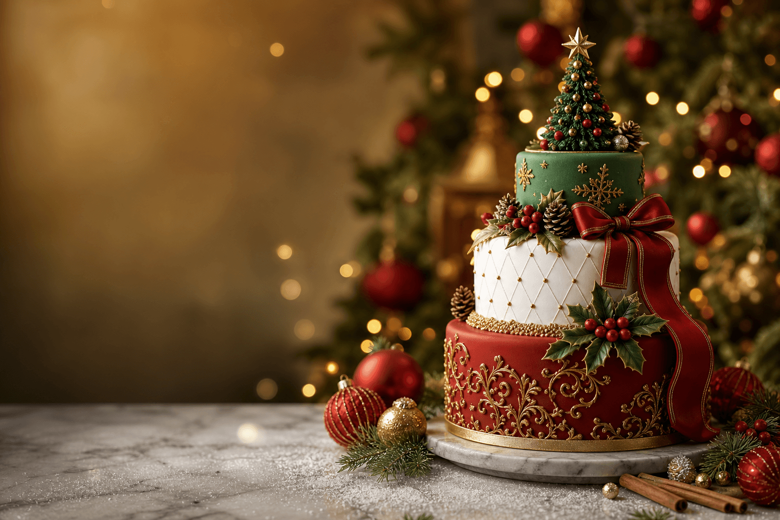 Festive red, white and green tiered Christmas cake with a Christmas tree topper and holly