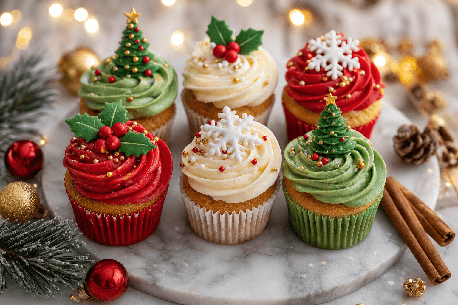 Festive Christmas cupcakes with trees, holly and snowflakes