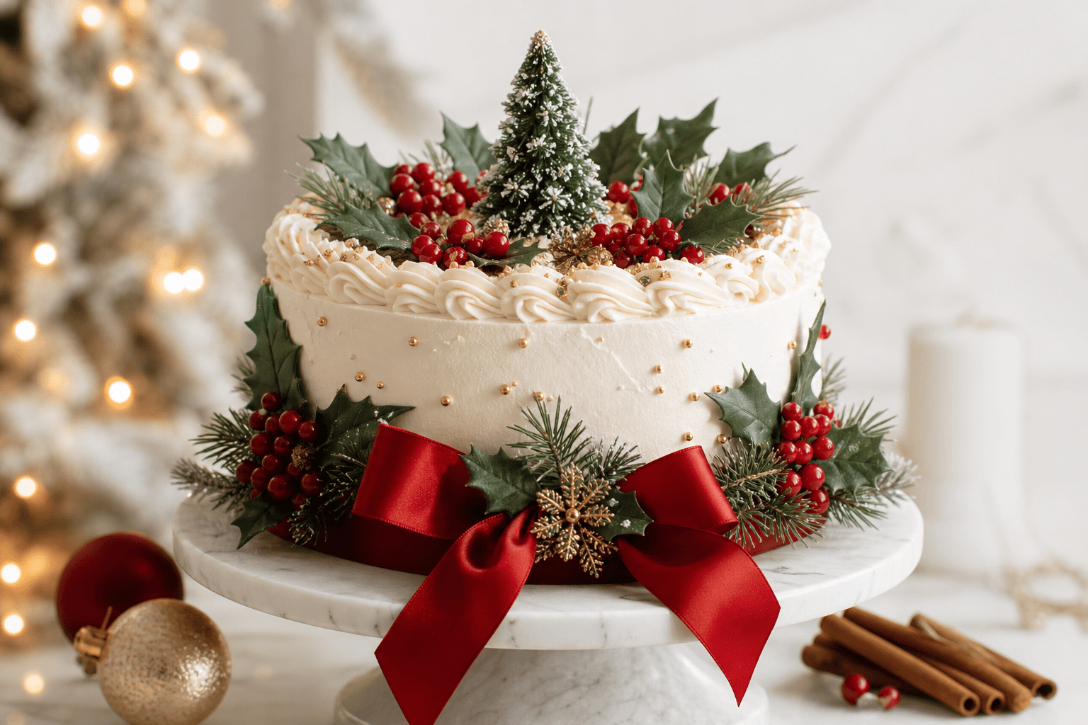 White Christmas cake with holly, berries and a Christmas tree topper