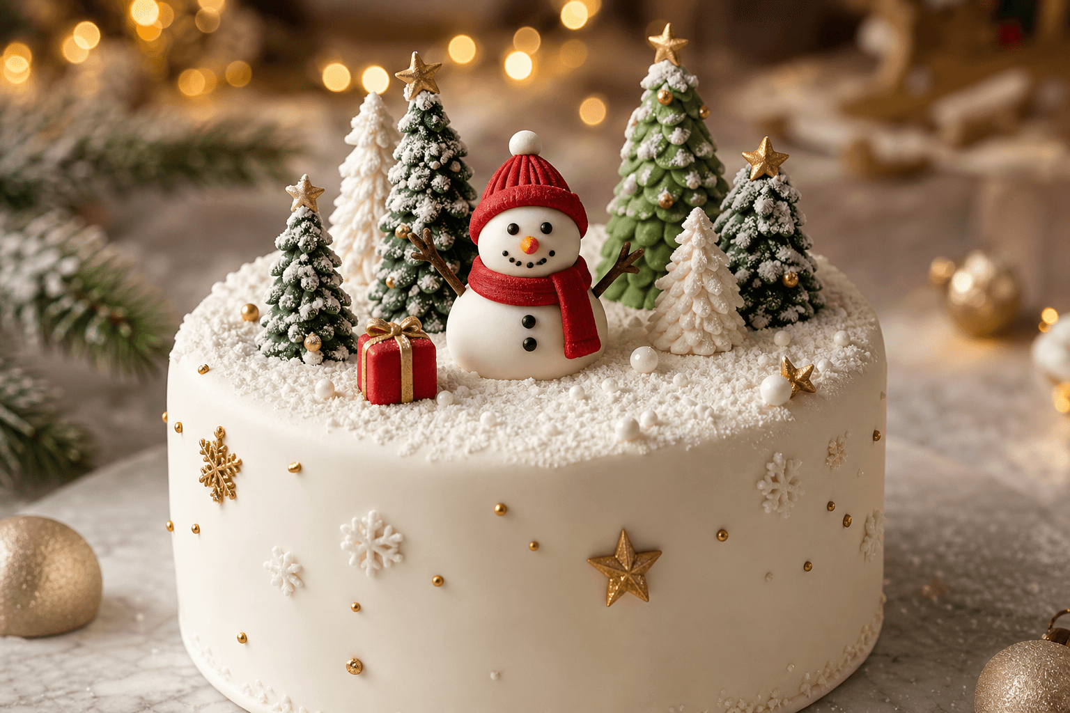 Winter wonderland Christmas cake with snowman and fondant trees