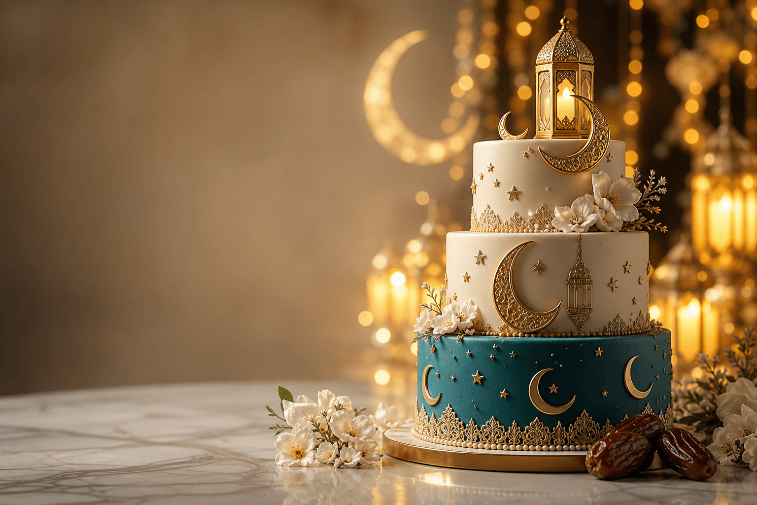 Elegant teal and gold Eid Mubarak cake with crescent moon and lantern decorations