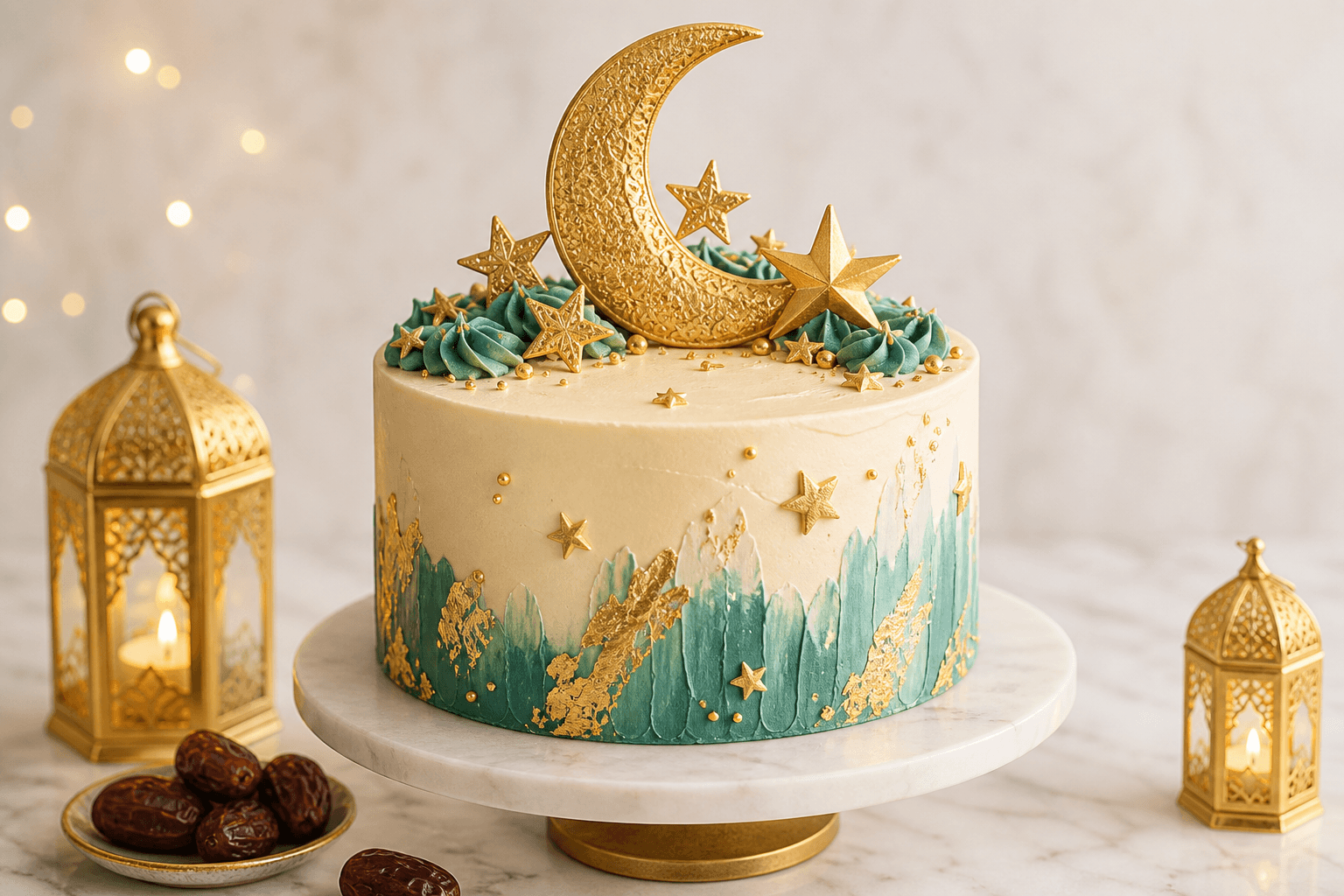 Ivory and teal Eid cake with a gold crescent moon and stars