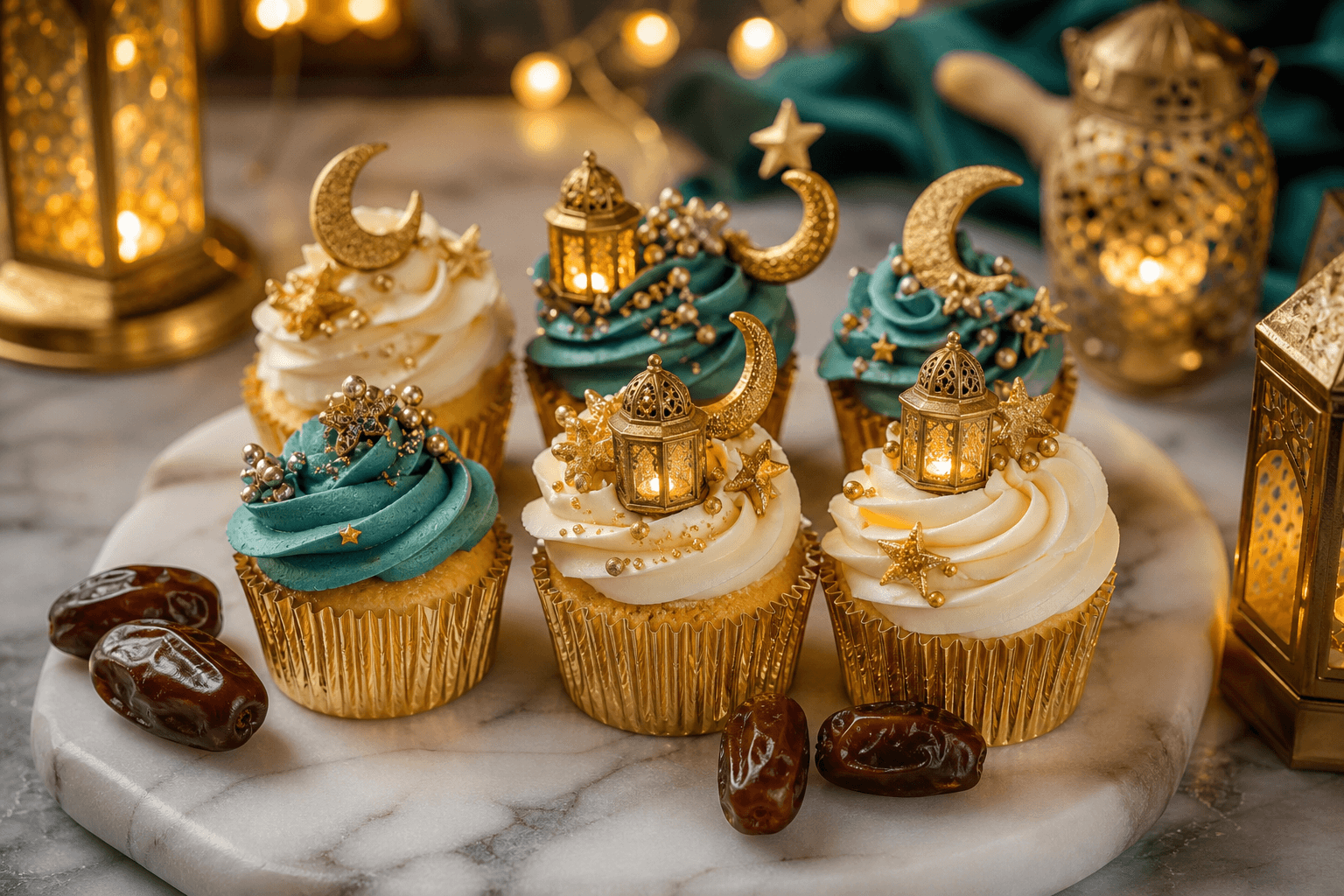 Eid cupcakes with crescent, star and lantern toppers and gold pearls