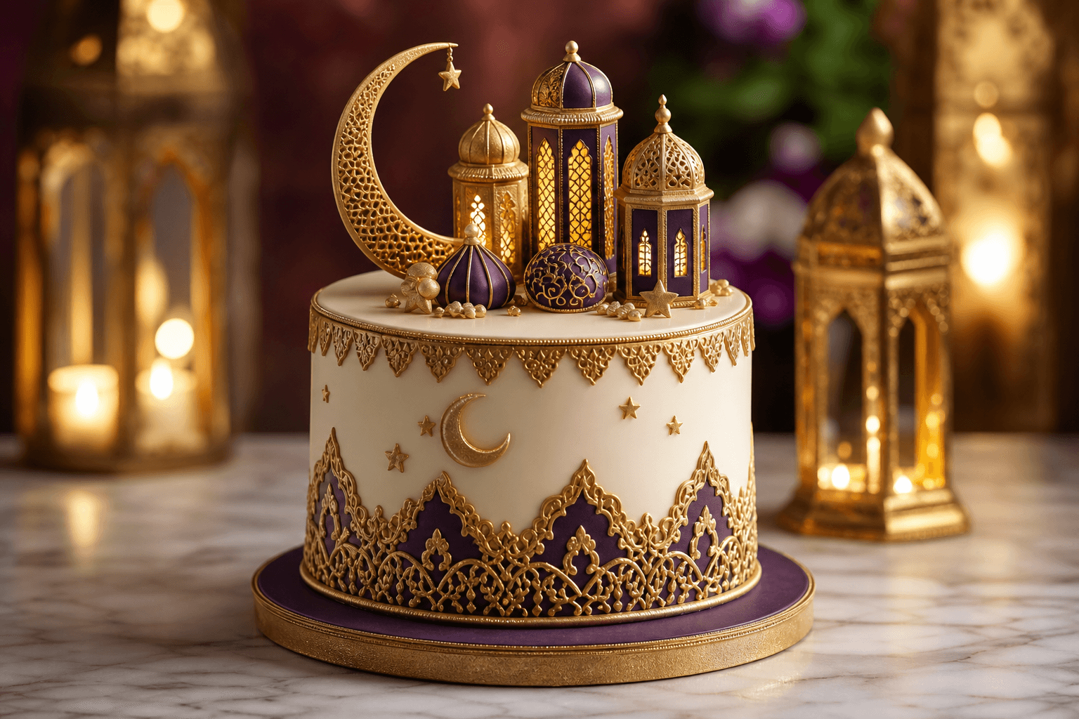 Purple and gold Eid cake with fondant lanterns and crescent