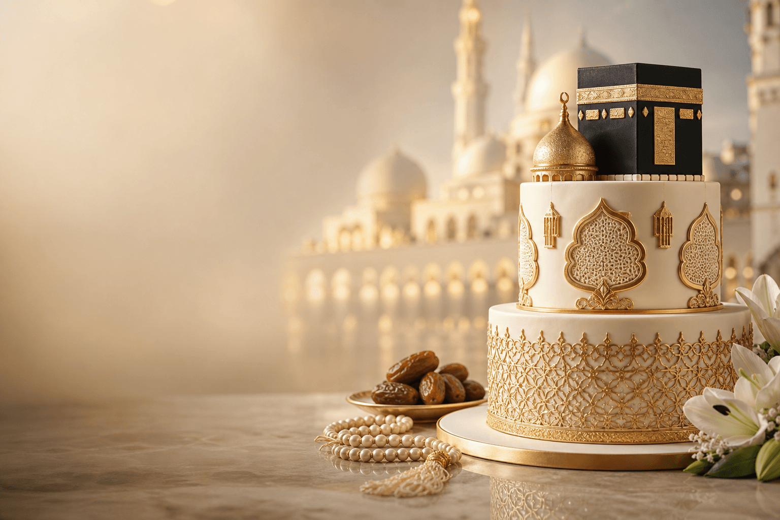 Elegant ivory and gold Hajj Mubarak cake with a fondant Kaaba topper and mosque background