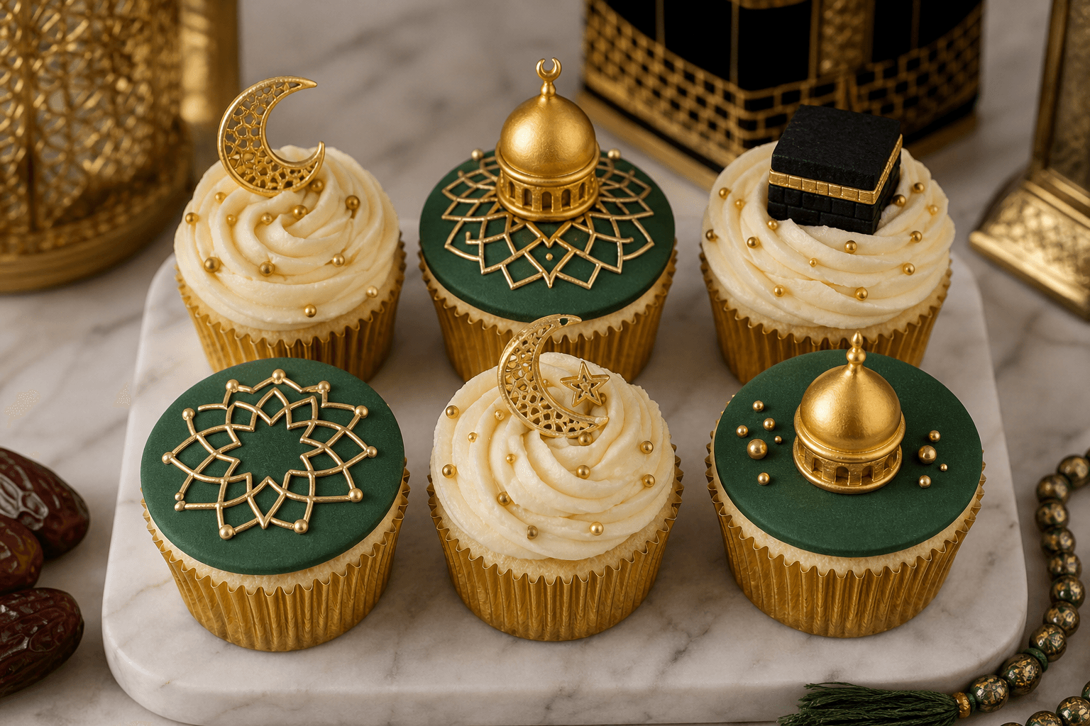 Hajj and Umrah themed cupcakes with gold Islamic decorations