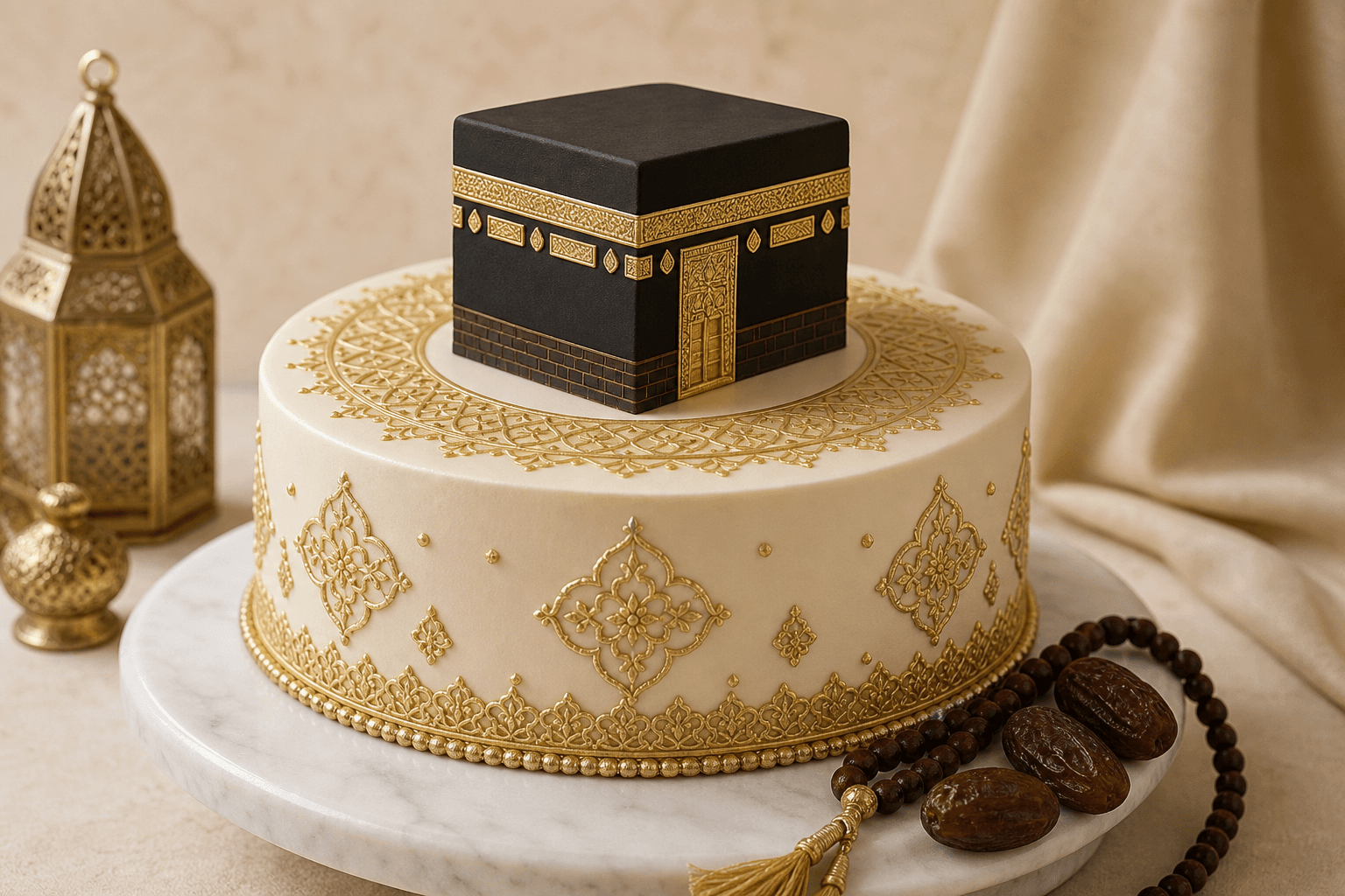 Ivory and gold Hajj Mubarak cake with a fondant Kaaba topper