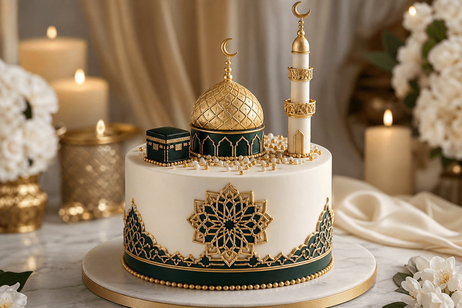 Green and gold Umrah cake with a mosque dome and crescent topper