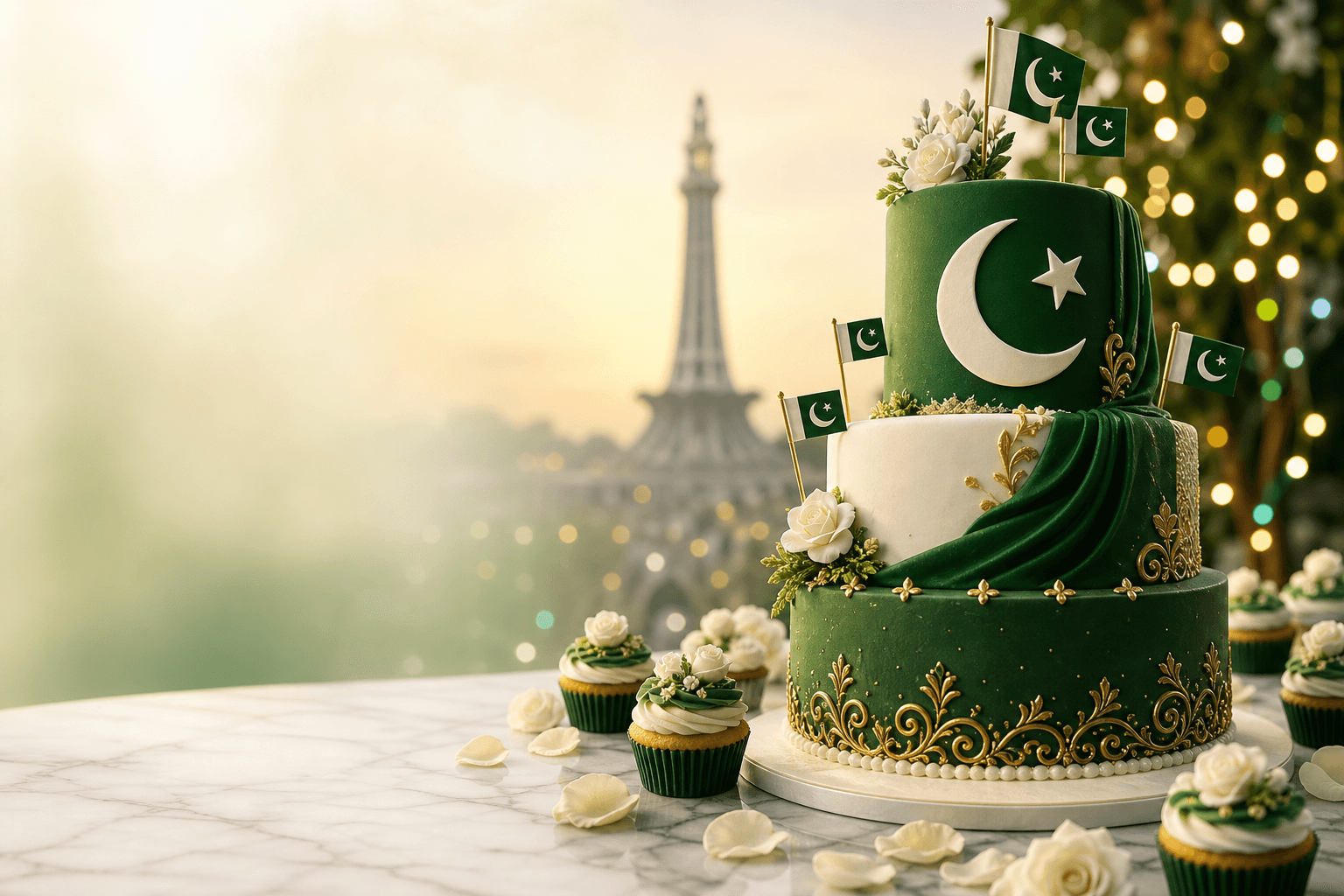 Green and white Pakistan flag Independence Day cake with crescent and star for 14 August