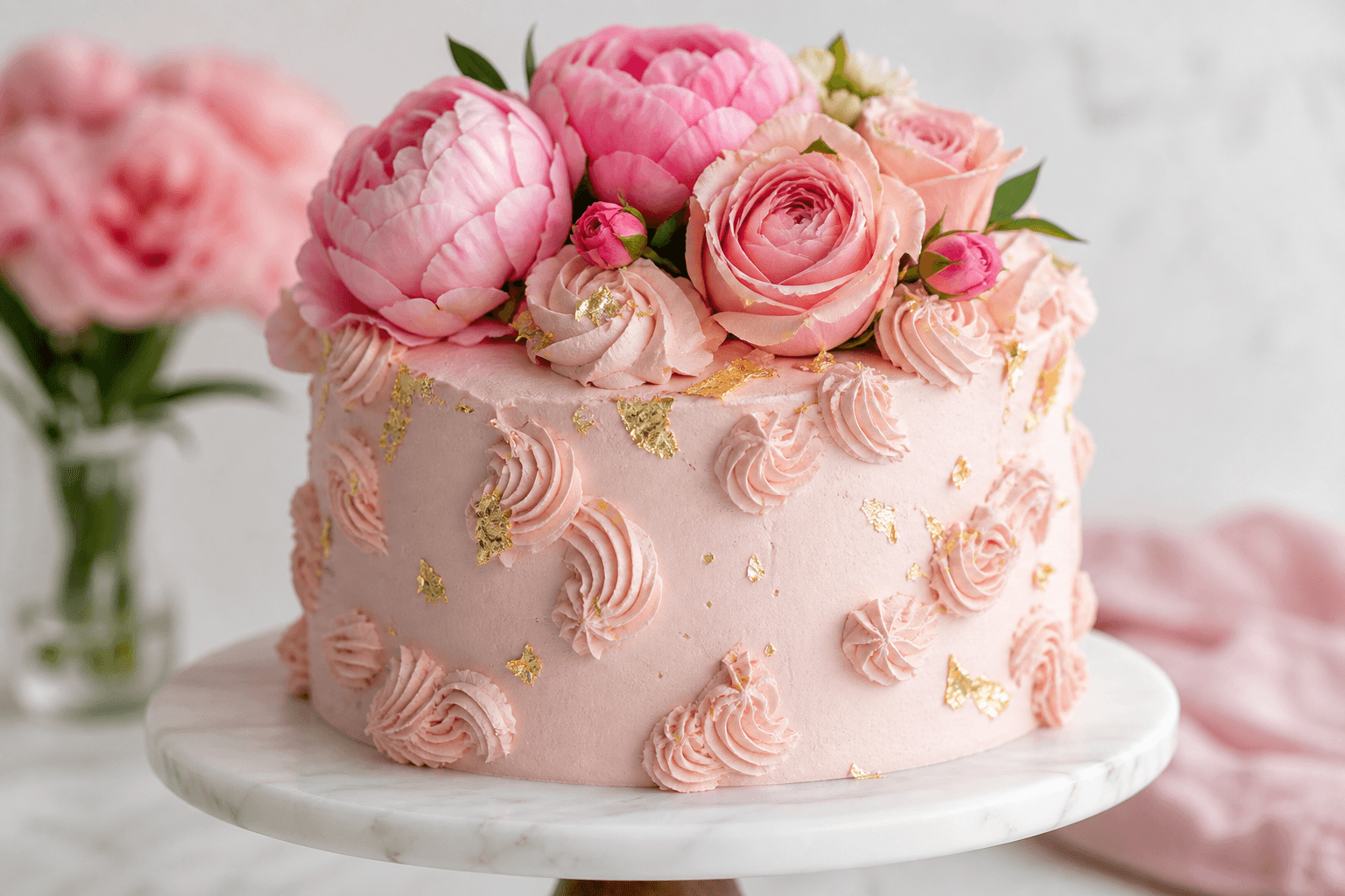 Floral buttercream Mother’s Day cake with pink roses and peonies