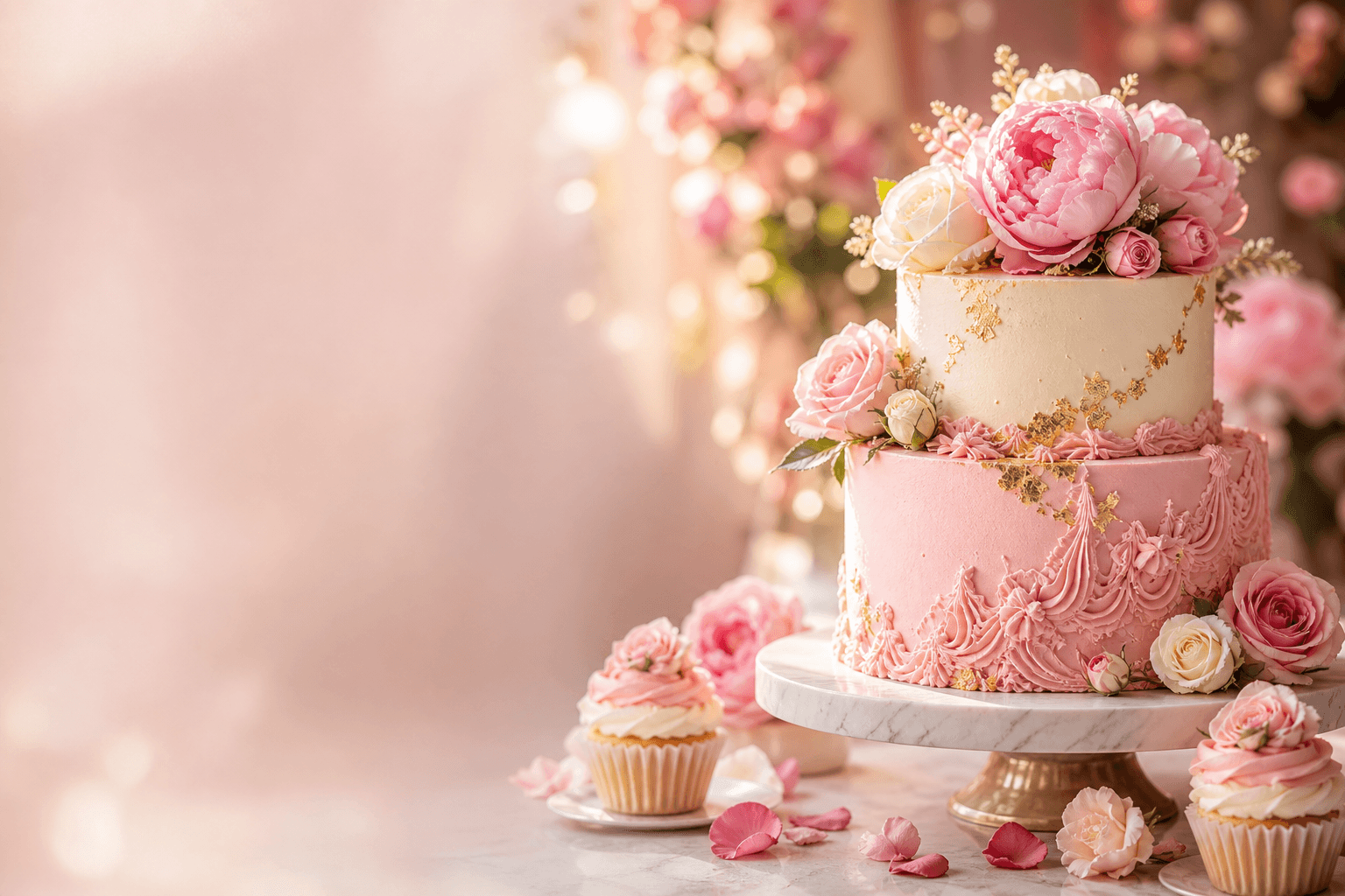 Elegant blush pink floral Mother's Day cake with roses and peonies