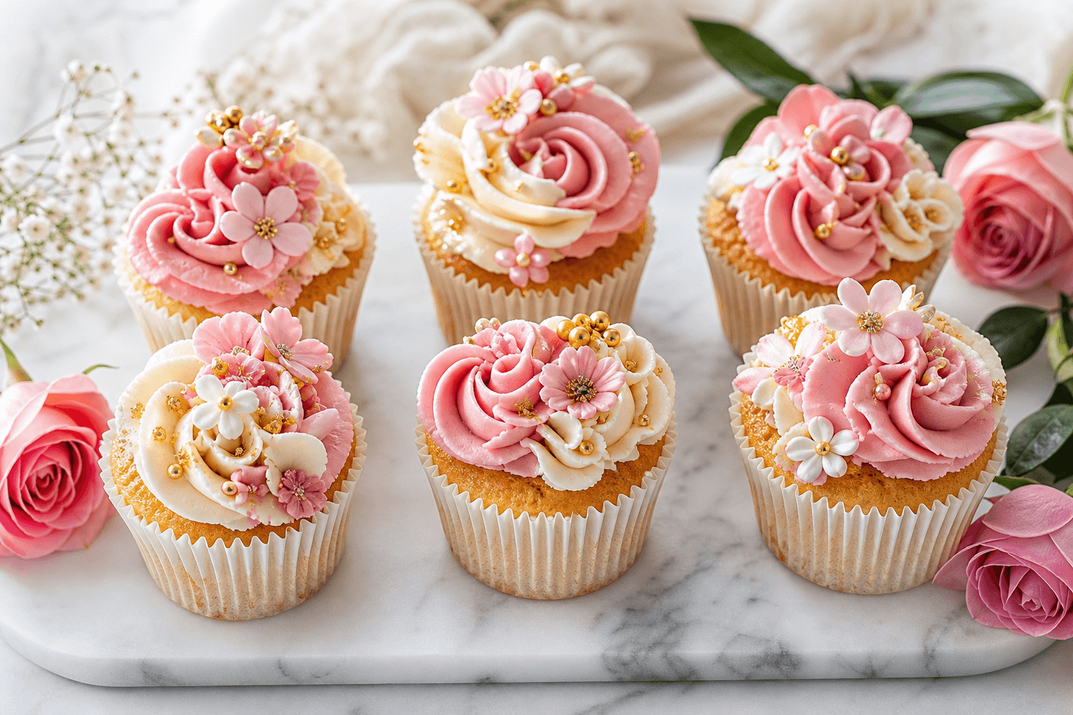 Mother’s Day cupcakes with pink floral buttercream and gold sprinkles
