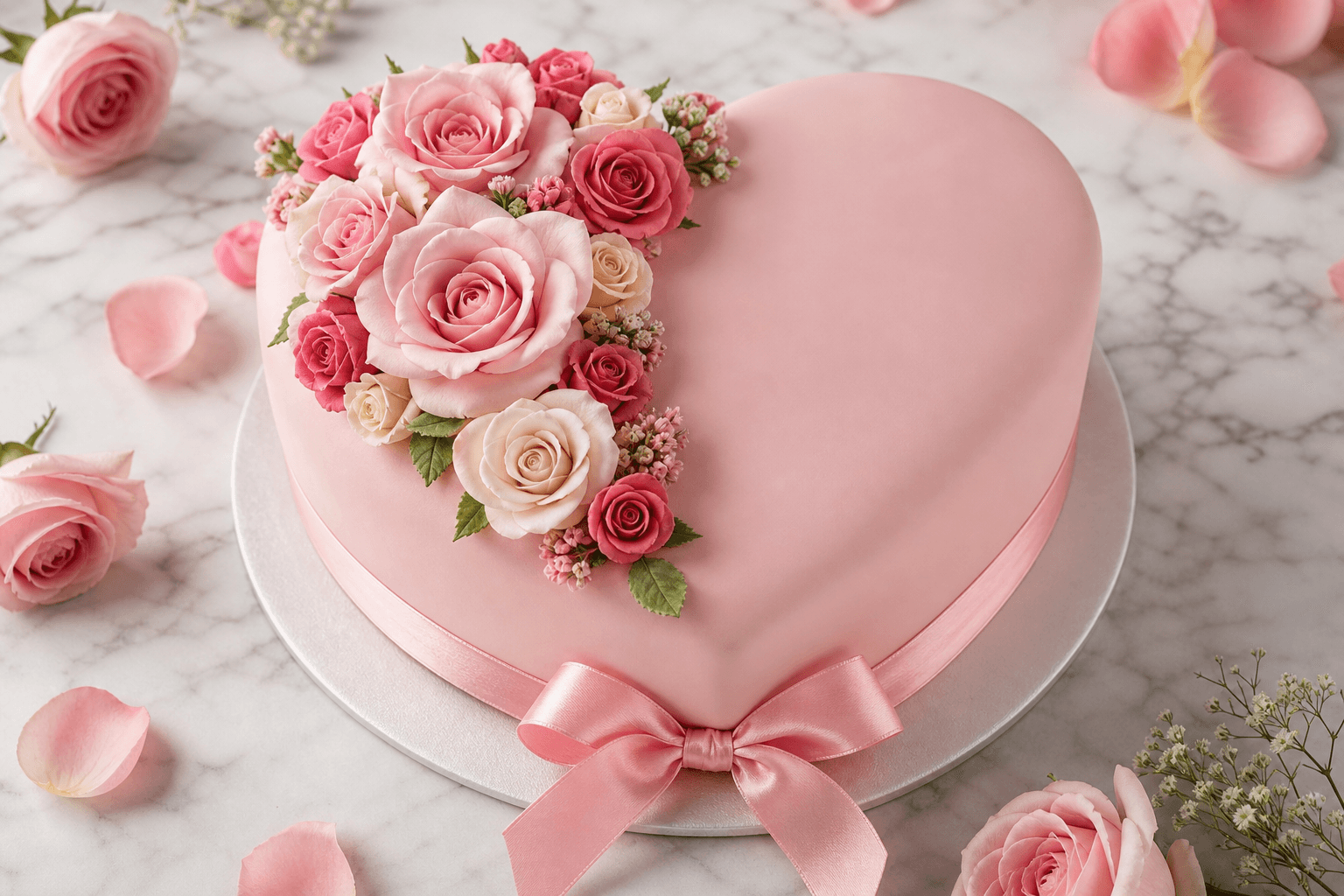 Pink heart-shaped Mother’s Day cake with sugar roses and ribbon