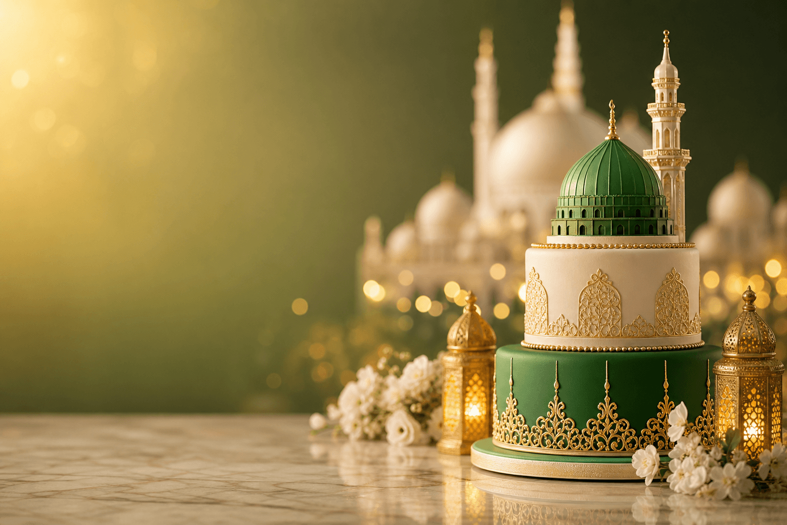 Elegant green and gold 12 Rabi-ul-Awal cake with a green dome and mosque design
