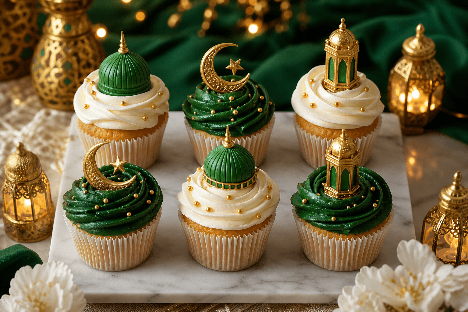 Eid Milad un Nabi cupcakes with green dome, crescent and lantern toppers