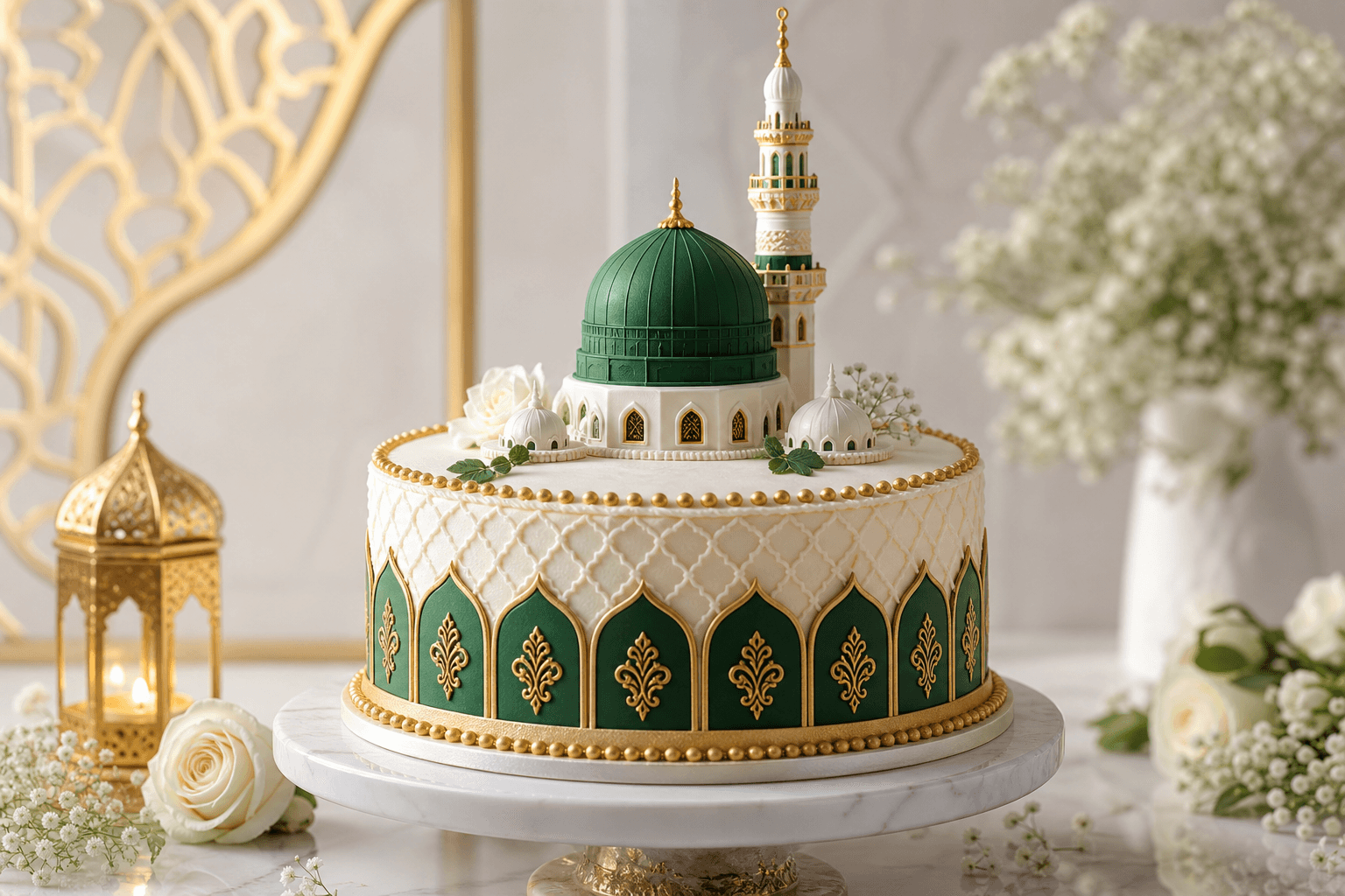 White and green 12 Rabi-ul-Awal cake with a green dome and minaret