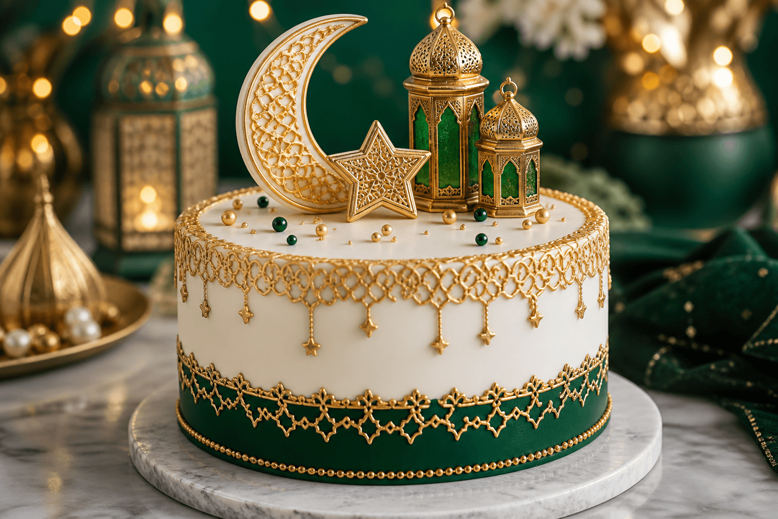 Green and gold Milad un Nabi cake with crescent, star and lanterns