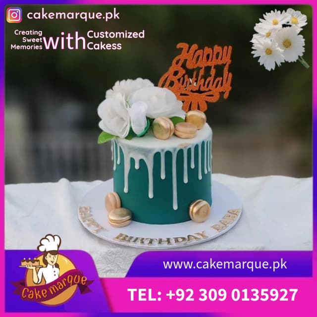 Teal and Gold Drip Floral Birthday Cake