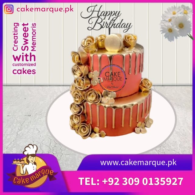 Two-Tier Peach Gold Drip Birthday Cake