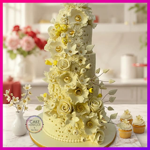 Golden Floral Elegance Celebration Cake