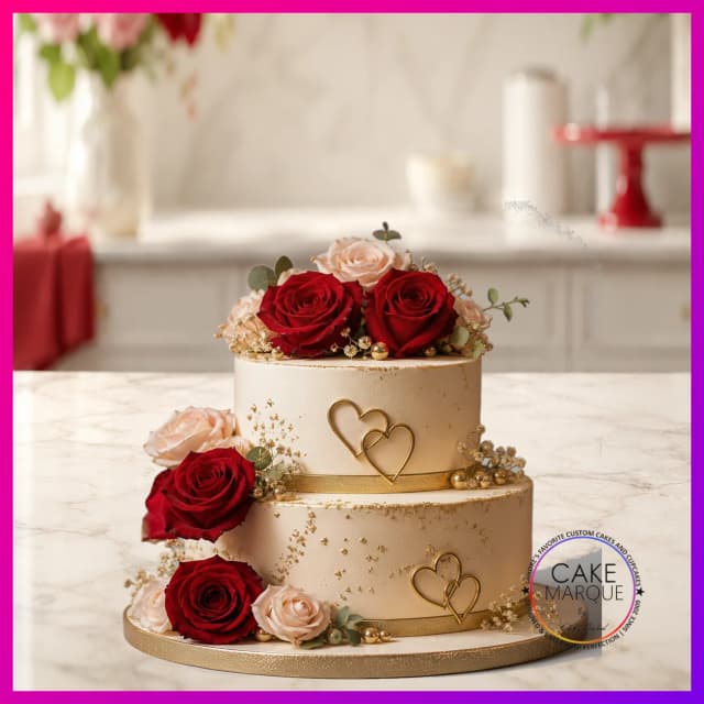 Romantic Rose & Gold Heart Wedding Anniversary Cake