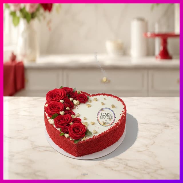 Romantic Red Velvet Heart Rose Celebration Cake