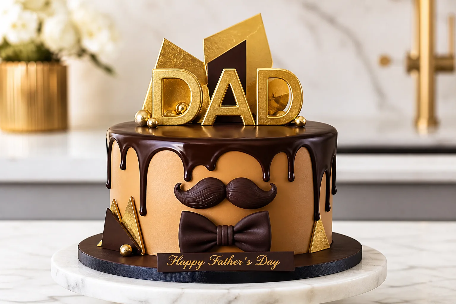 Chocolate drip Dad cake with moustache and bow tie for Father's Day