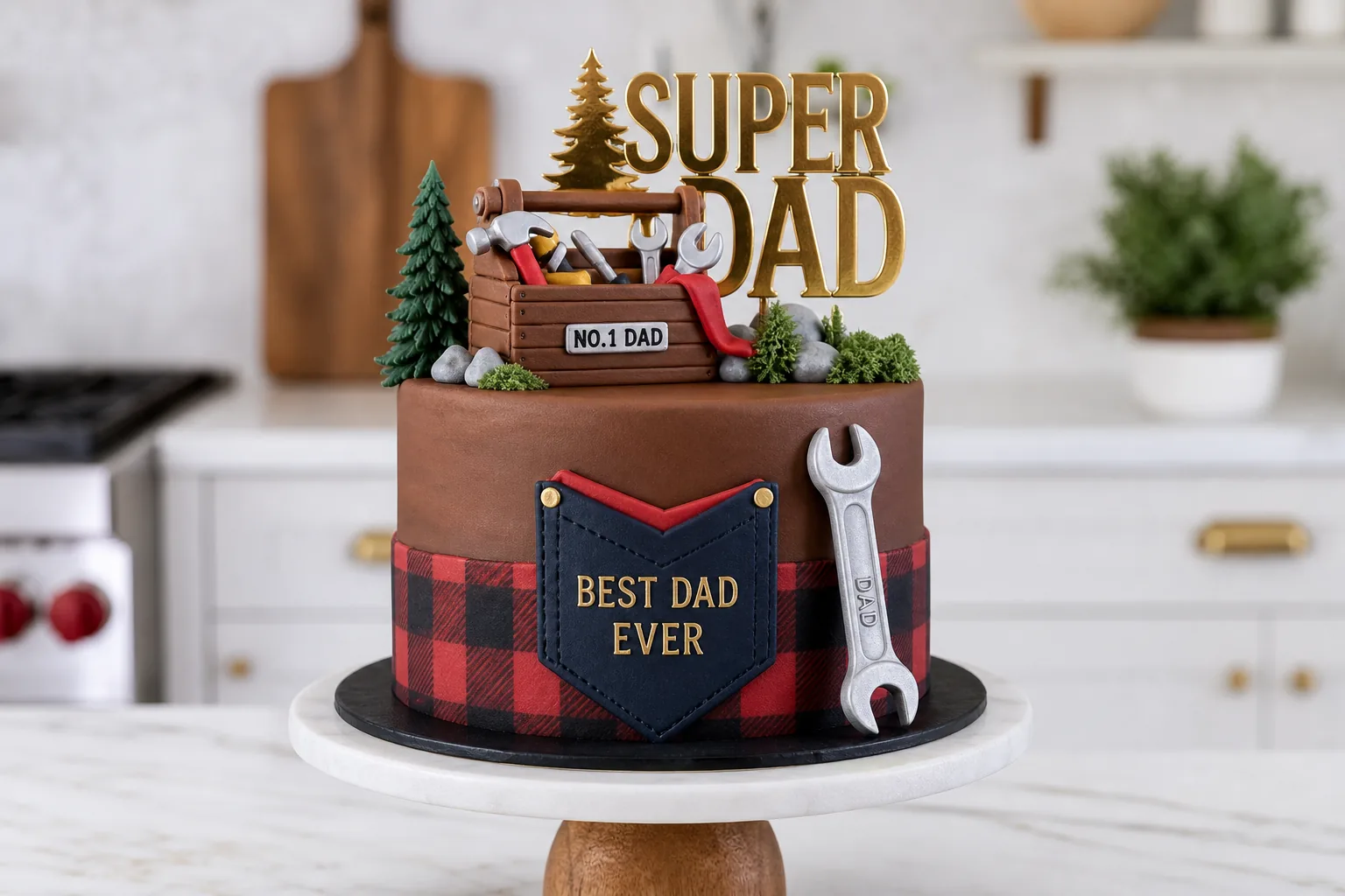 Super Dad toolbox themed Father's Day cake with plaid design