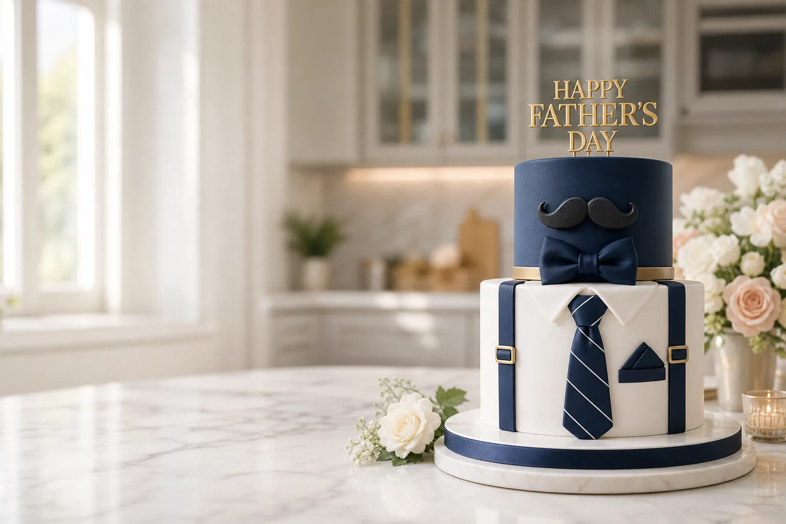 Two-tier Happy Father's Day fondant cake with shirt, tie and moustache theme by Cake Marque Lahore